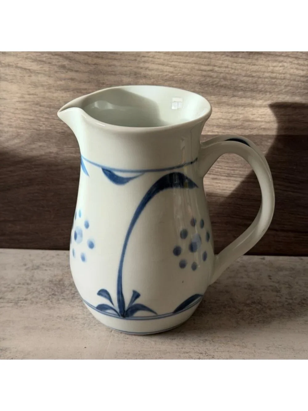 Vintage Tobe Ware Blue Sun Japan Baizan Kiln Ceramic Pitcher Hand Painted 6.5